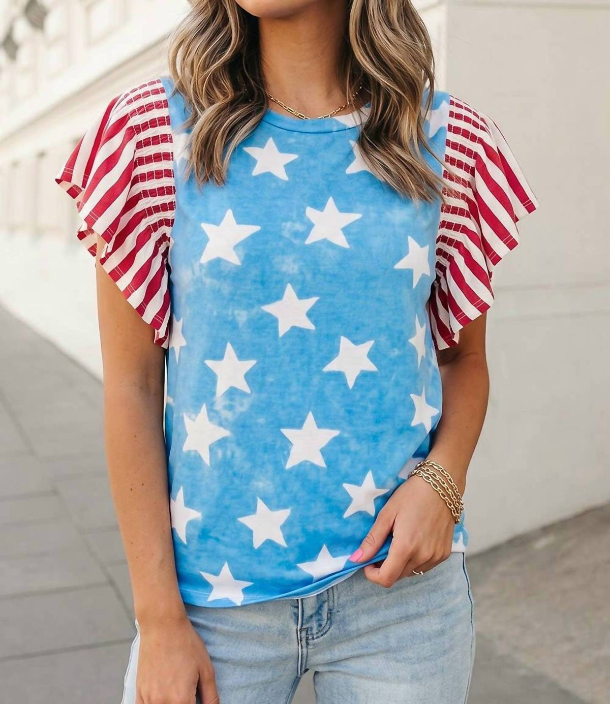Aapparella - Independence Day Star & Stripe Ruffle Sleeve Top