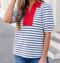 Aapparella - Stripe Short Puff Sleeve Collared Blouse