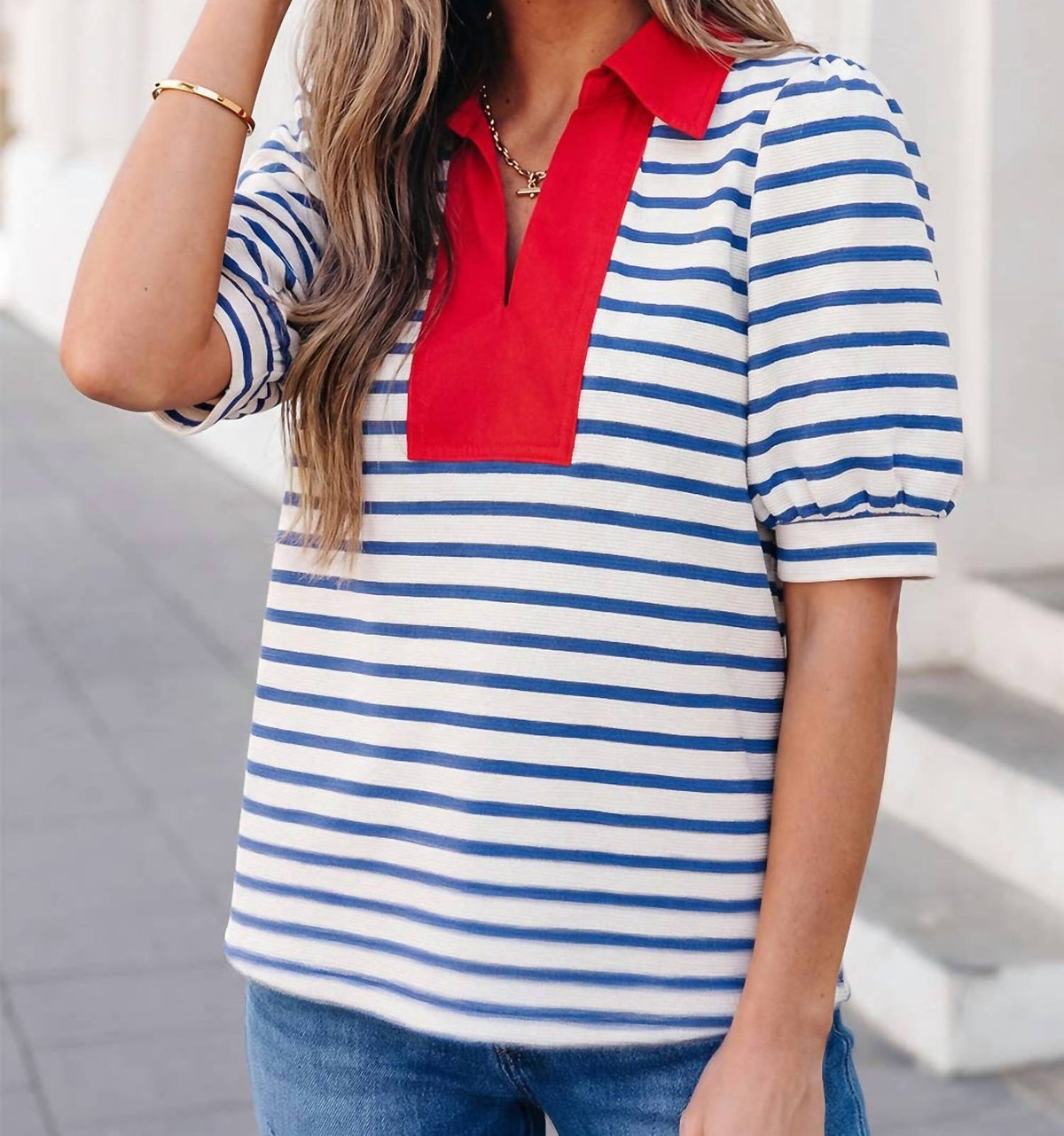 Aapparella - Stripe Short Puff Sleeve Collared Blouse