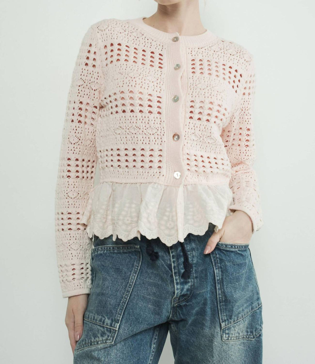 Aaron & Amber - Lace Bottom Pointelle Knit Cardigan