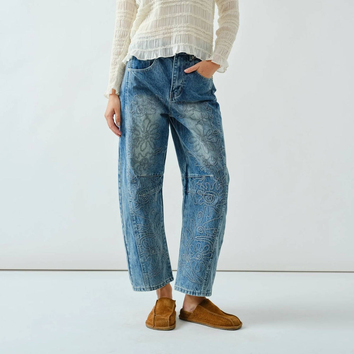 Aaron & Amber - Pressed Flower Barrel Jeans
