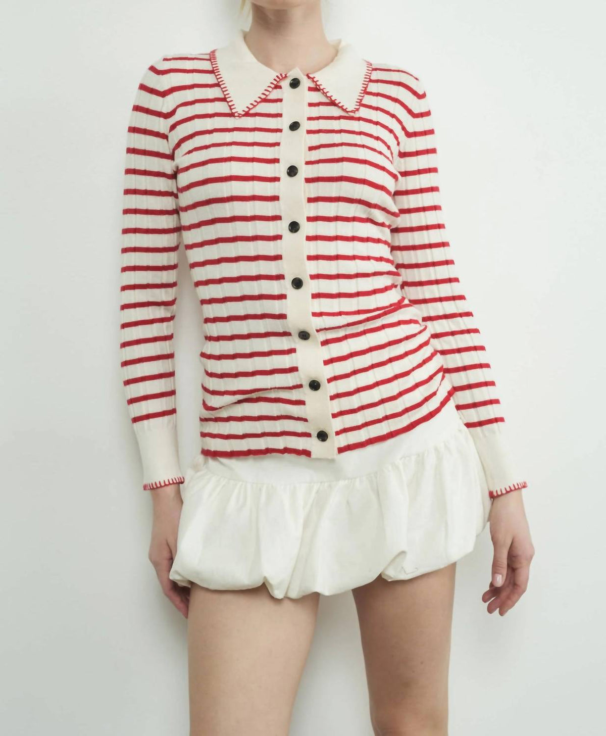 Aaron & Amber - STRIPE COLLAR CARDIGAN WITH EDGE STITCH