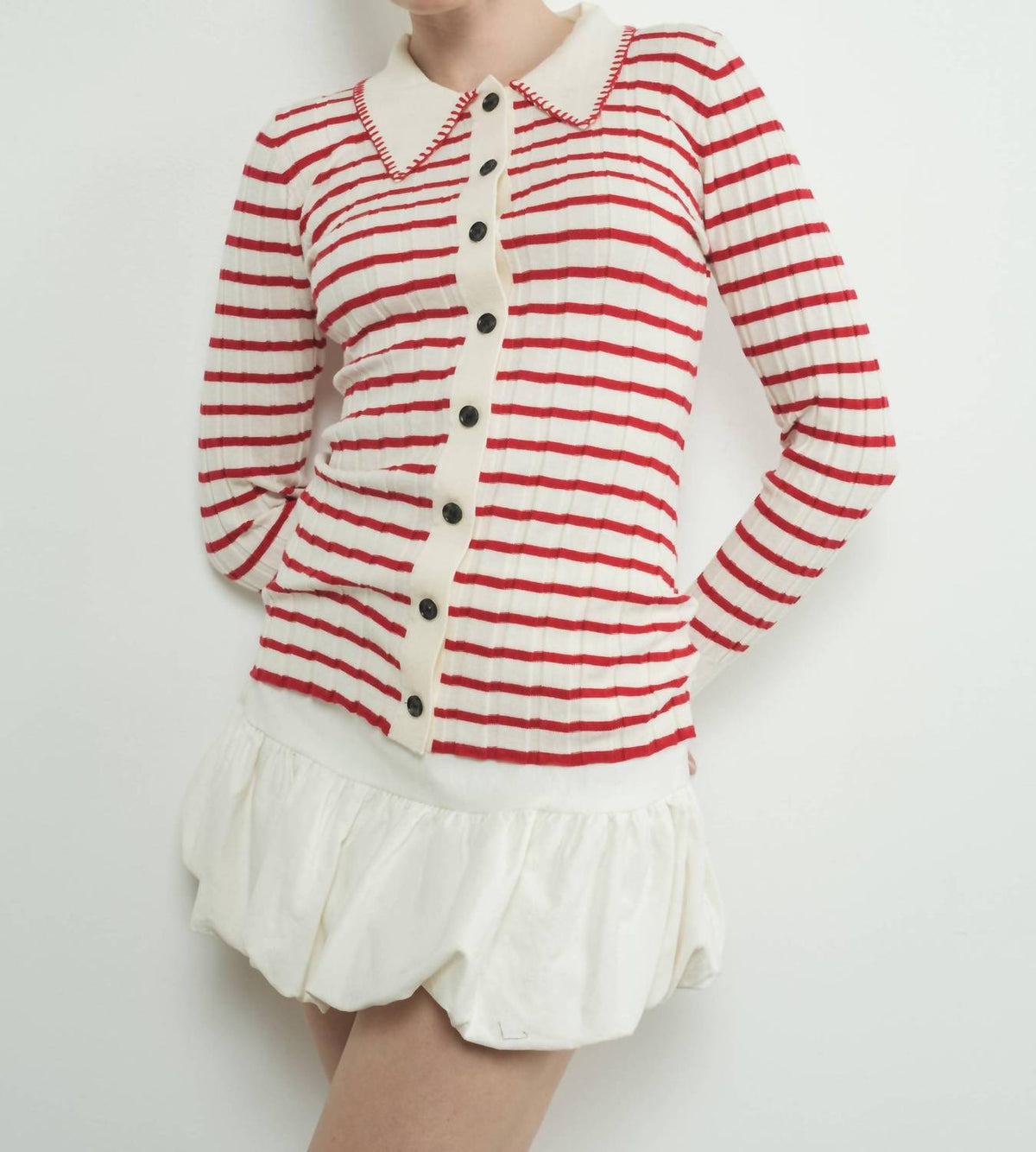 Aaron & Amber - STRIPE COLLAR CARDIGAN WITH EDGE STITCH