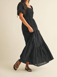Klesis - Eyelet Puff Sleeves Midi Dress With Smocking