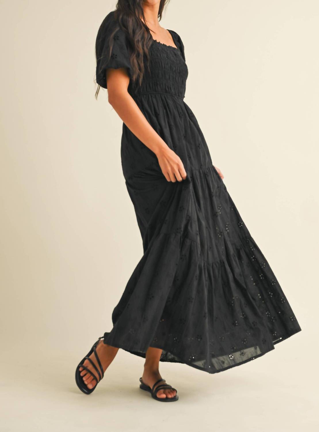 Klesis - Eyelet Puff Sleeves Midi Dress With Smocking