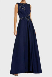 MAC DUGGAL Bateau Floral Appliqued Evening Gown in navy - women's dress