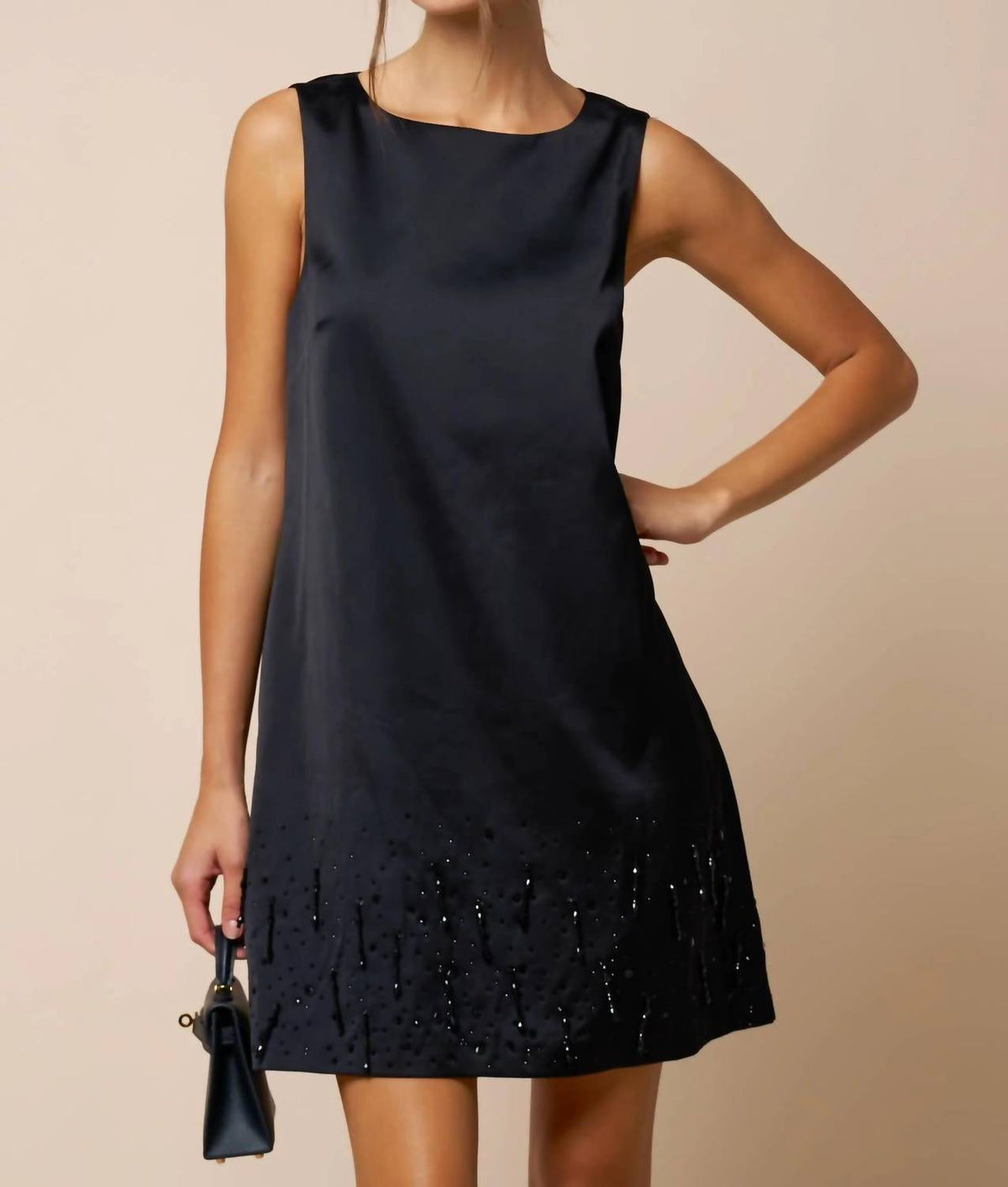 Lalavon - Audrey Beaded Detail Satin Sleeveless Shift Dress