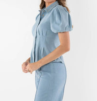 Emily McCarthy Britt Puff Sleeves Top in denim 1 - women's blouse - detail view