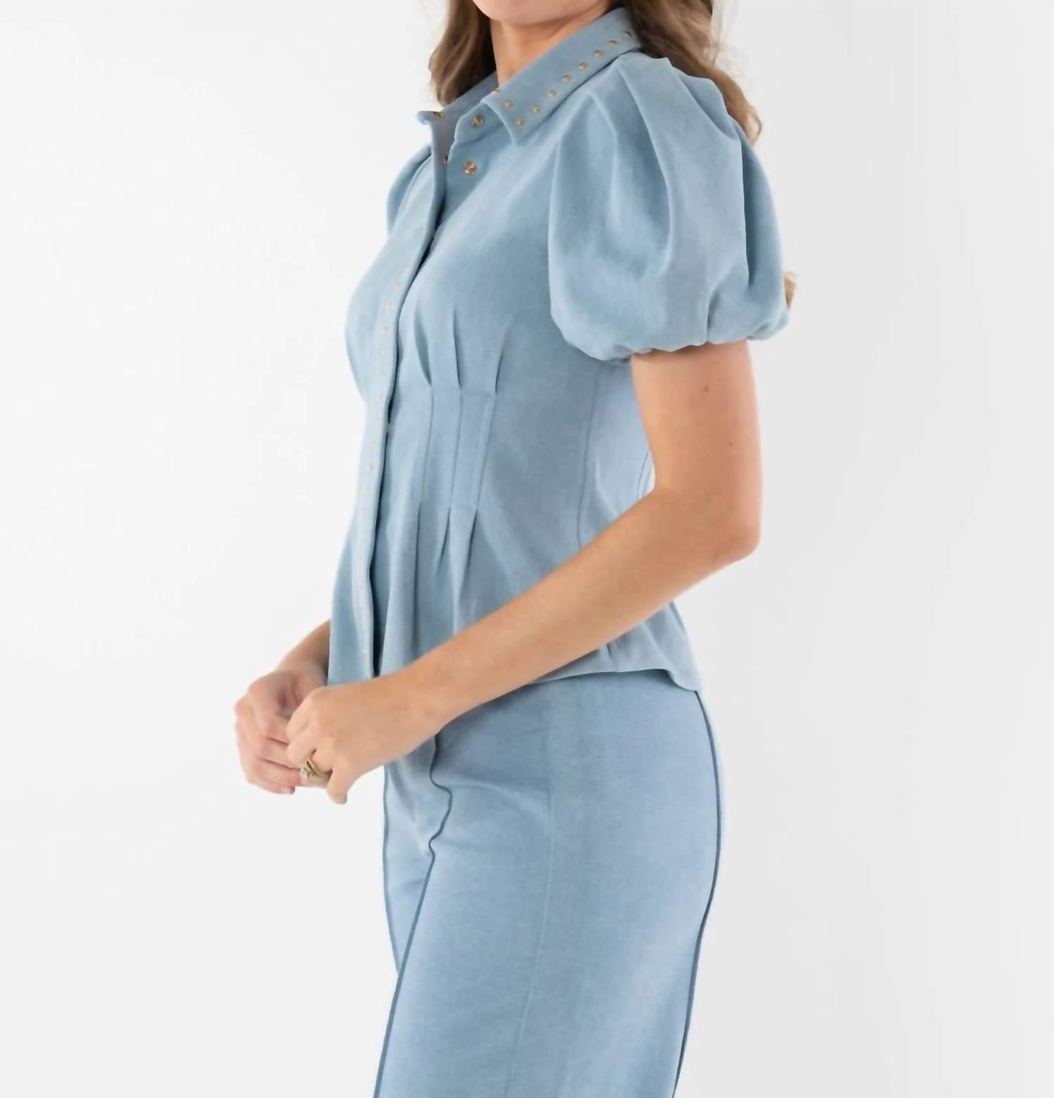 Emily McCarthy Britt Puff Sleeves Top in denim 1 - women's blouse - detail view