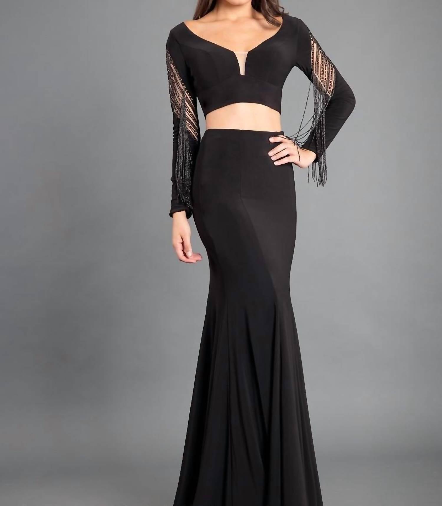 Rachel Allan - Two-piece Jersey Evening Gown With Fringe