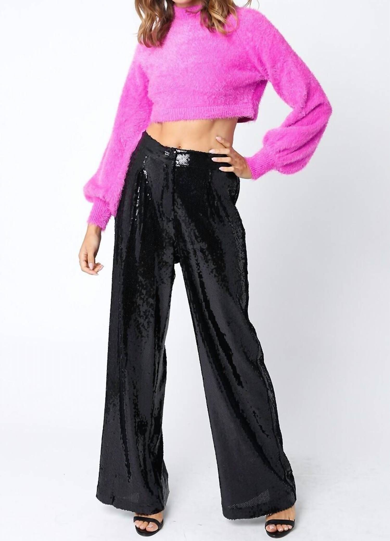 Olivaceous - Balloon Sleeve Eyelash Crop Sweater