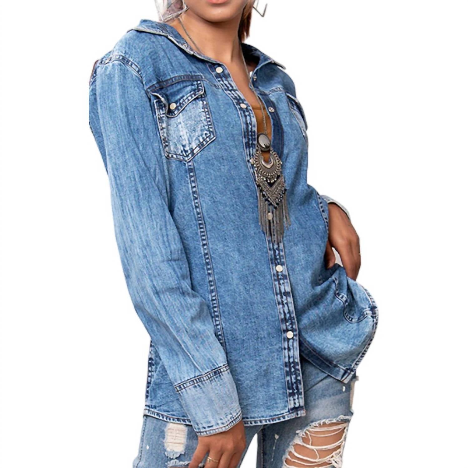 American Darling - Hand Tooled Leather & Denim Shirt Jacket