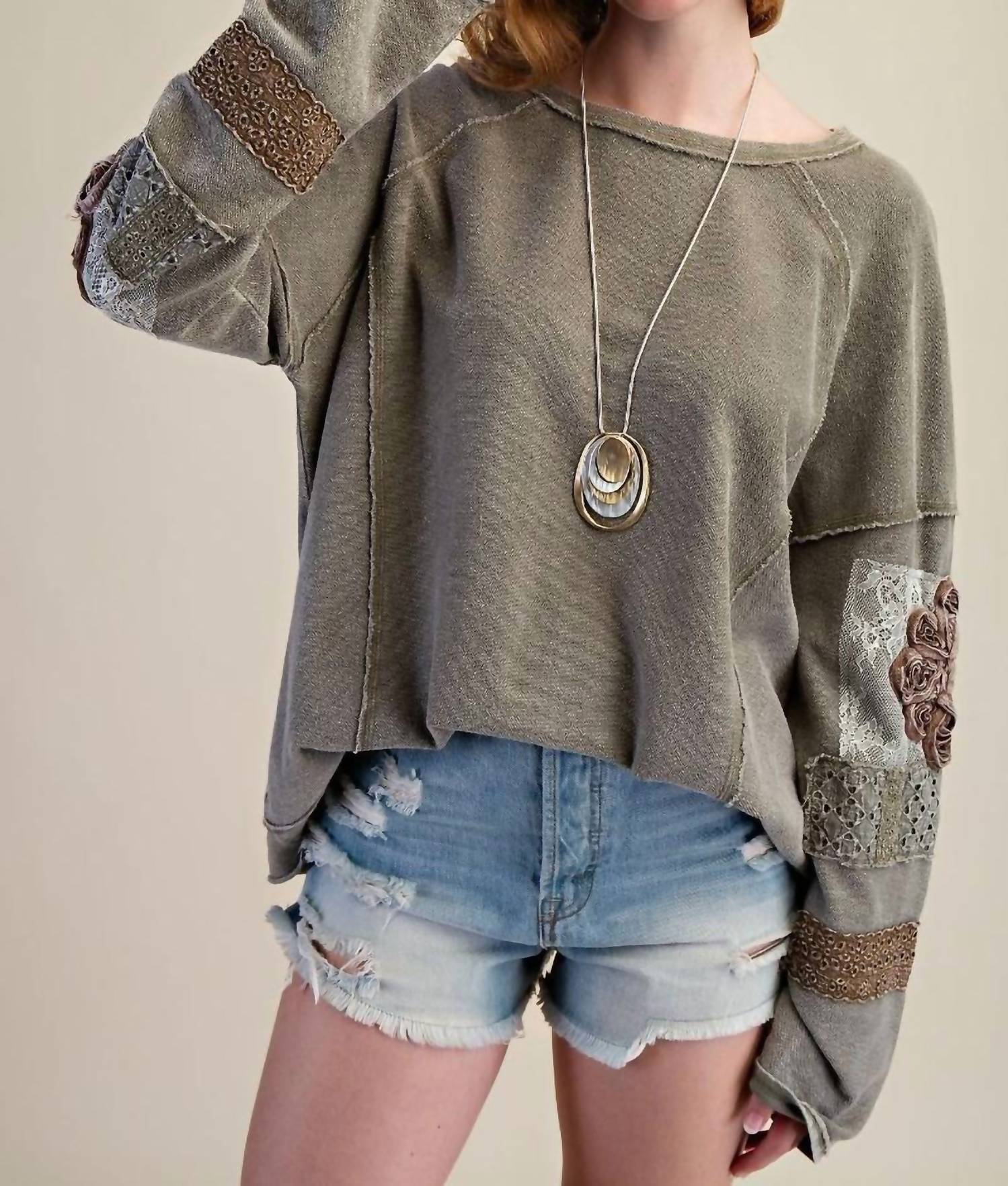Easel Inside Out Washed Terry Pullover in faded olive - women's sweater - view 4