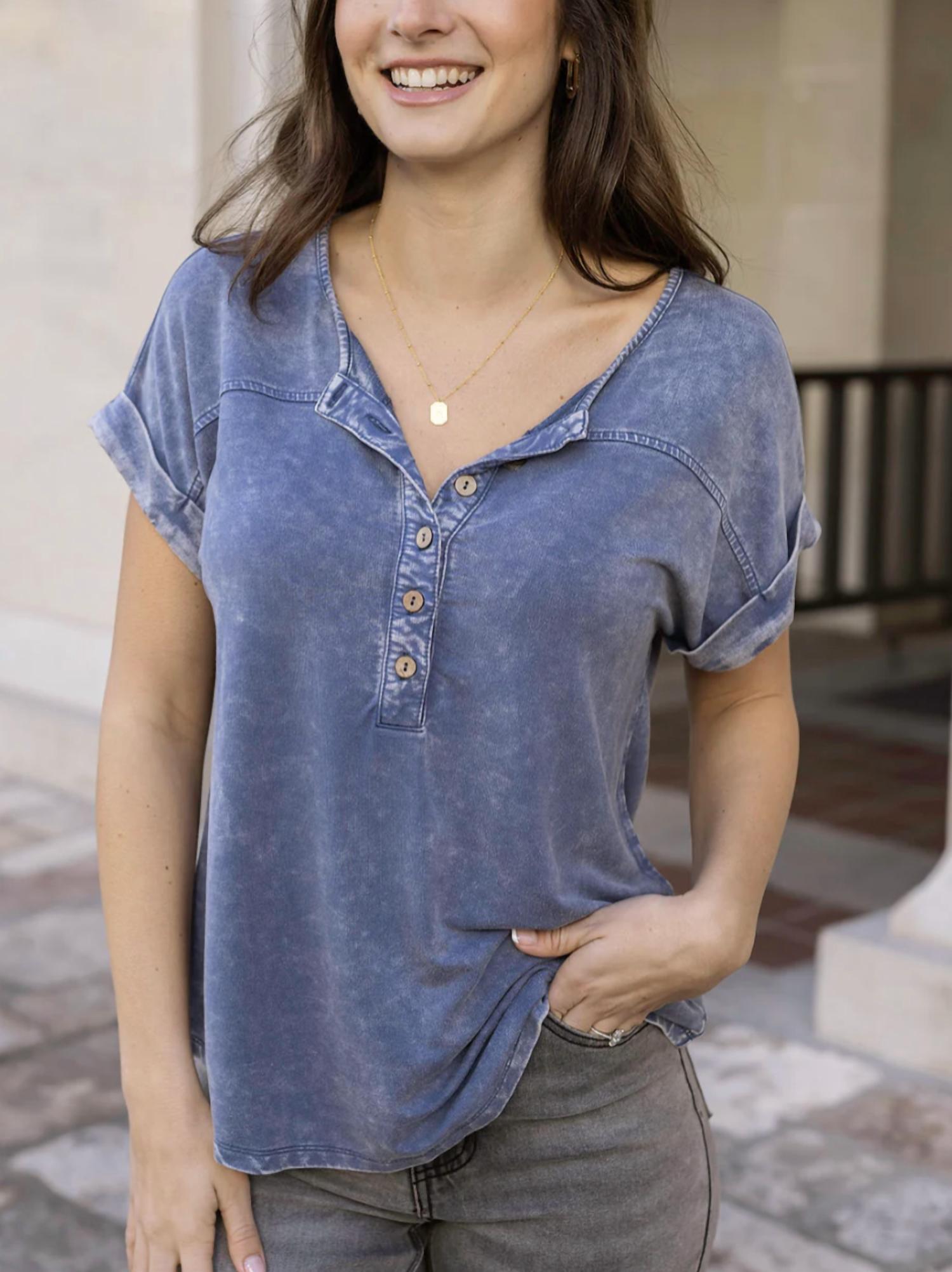 Grace And Lace - Henley Mineral Washed Tee