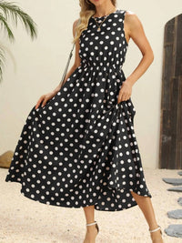Mccolin - Polka Dot Round Neck Sleeveless Midi Dress