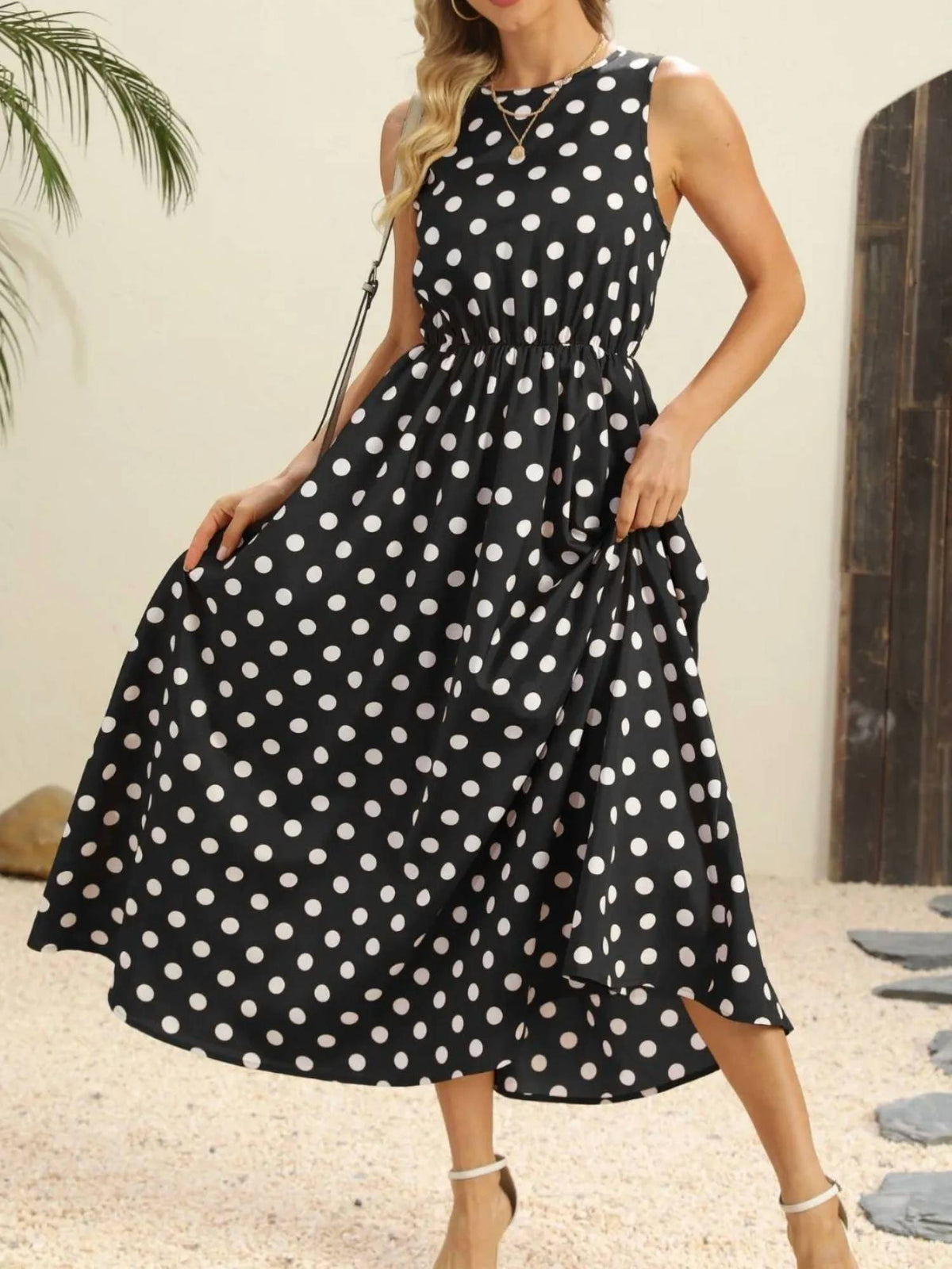 Mccolin - Polka Dot Round Neck Sleeveless Midi Dress