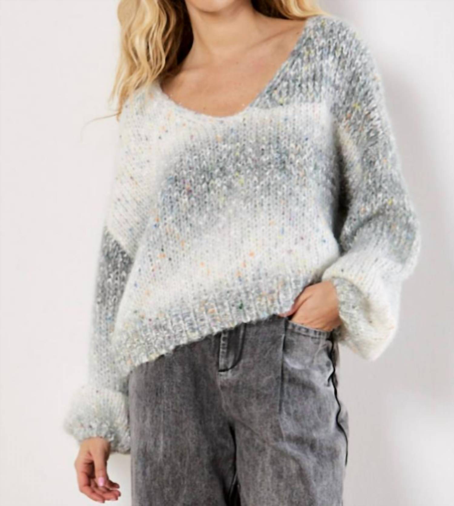 APRICOT Tinsel Fleck V Neck Fisherman Sweater in grey - women's sweater