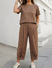 Aapparella - Leopard Top Drawstring Waist Barrel Pants Set