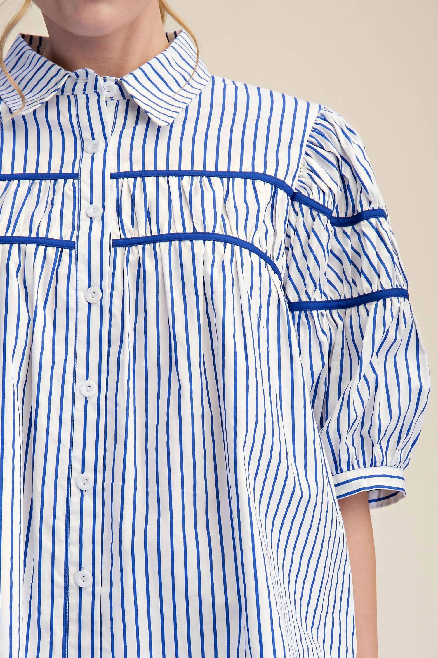 Glam - Puff Sleeve Contrast Detail Stripe Shirt Top