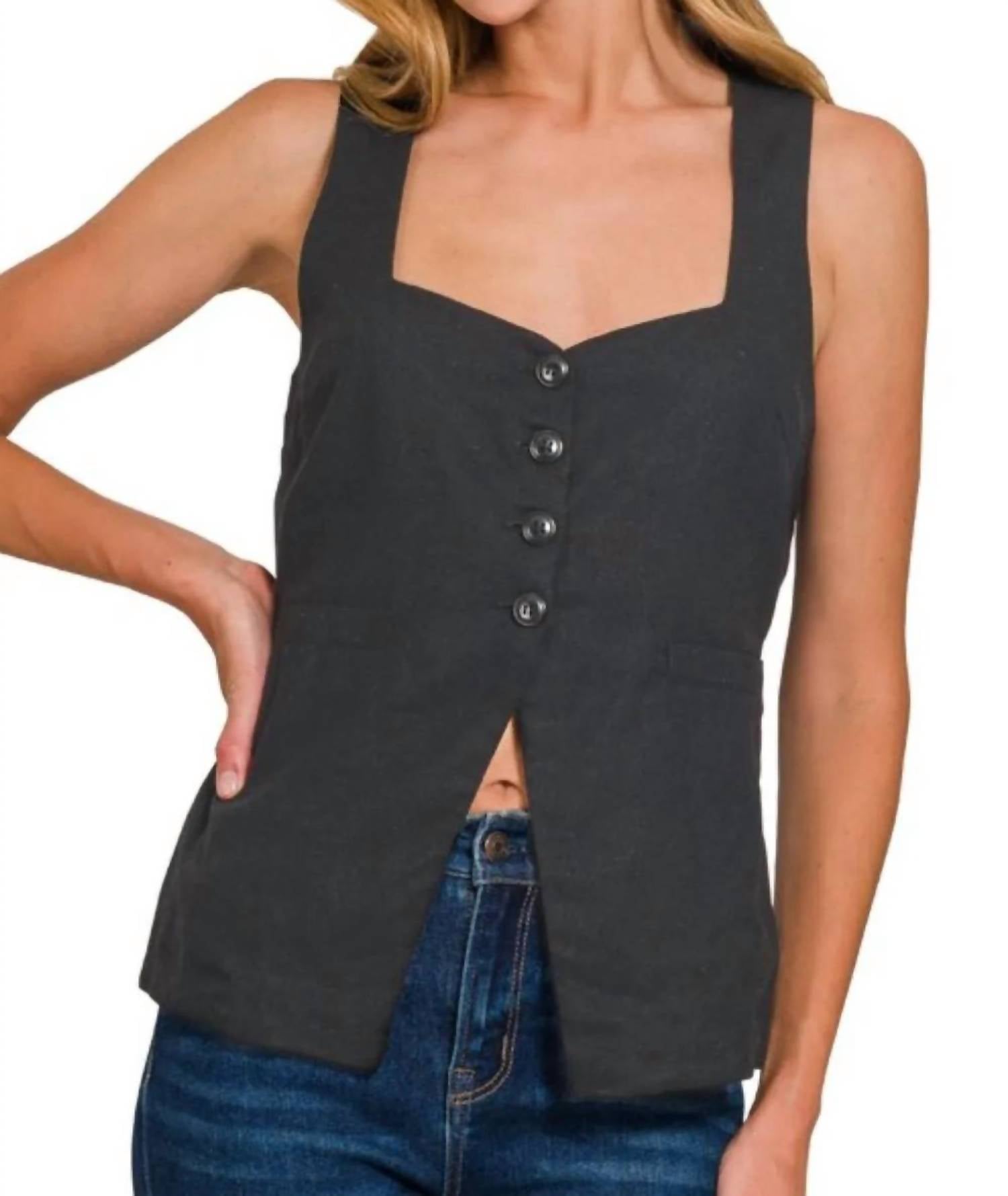 Zenana - Linen Tie-back 4-button Vest With Lining
