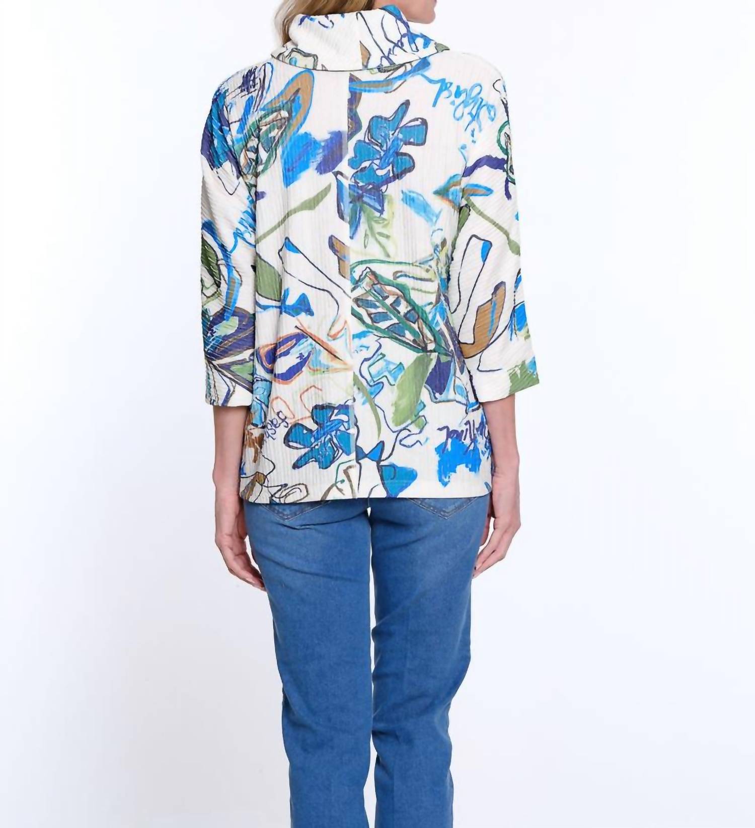 Multiples Cowl Neck Kangaroo Pocket Top in multi - women's blouse - detail view