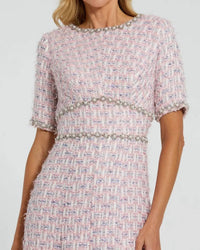 MAC DUGGAL Short Sleeve Beaded Trim Boucle Midi Dress in pink multi - women's dress - alternate view
