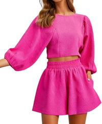 Glam - Catalina Round Neckline Balloon Sleeve Top & Short Set