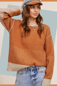 La Miel - Loose-fit Color Block Textured Round Neck Western Sweater