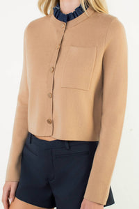 THML Ruffle Trim Neckline Button Up Cardigan in beige - women's cardigan - view 5