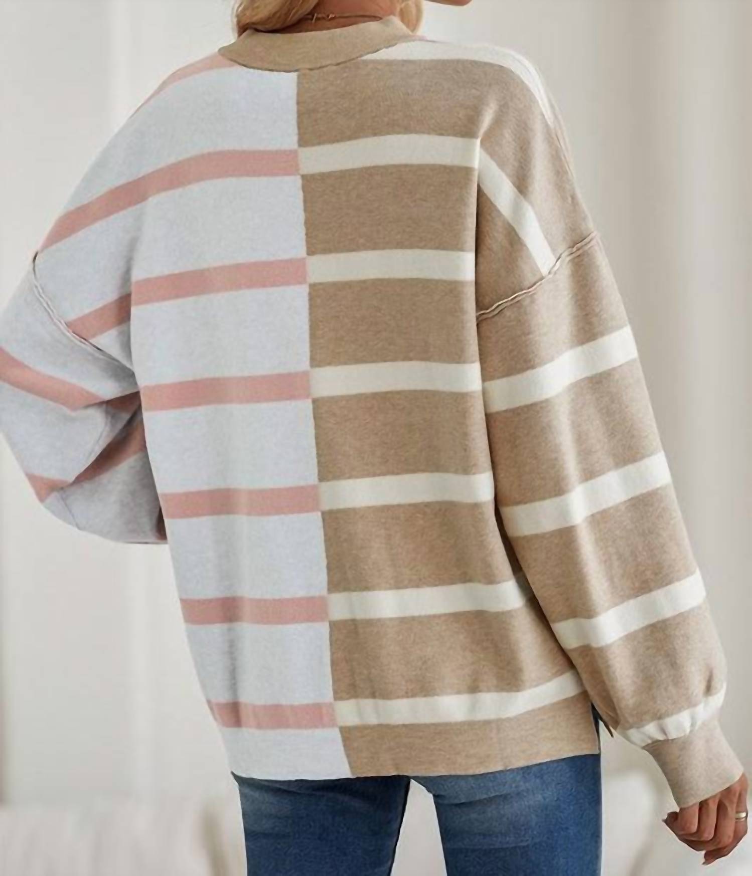Shewin - Striped Color Block Drop Shoulder Sweater