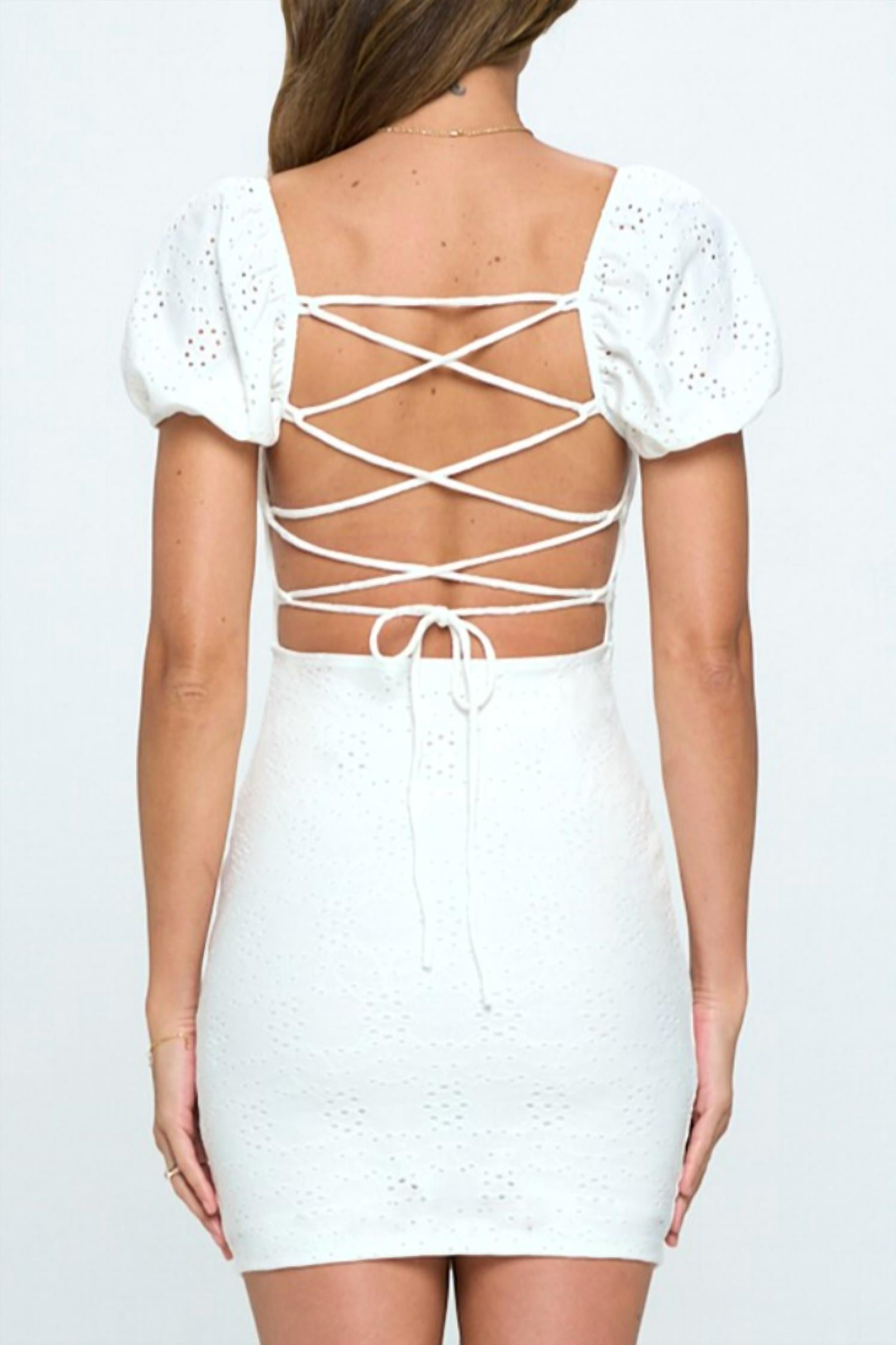 Short Sleeve Lace Up Eyelet Mini Dress