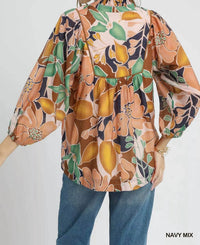 Umgee - Abstract Floral Print Blouse With Ruffle Neck