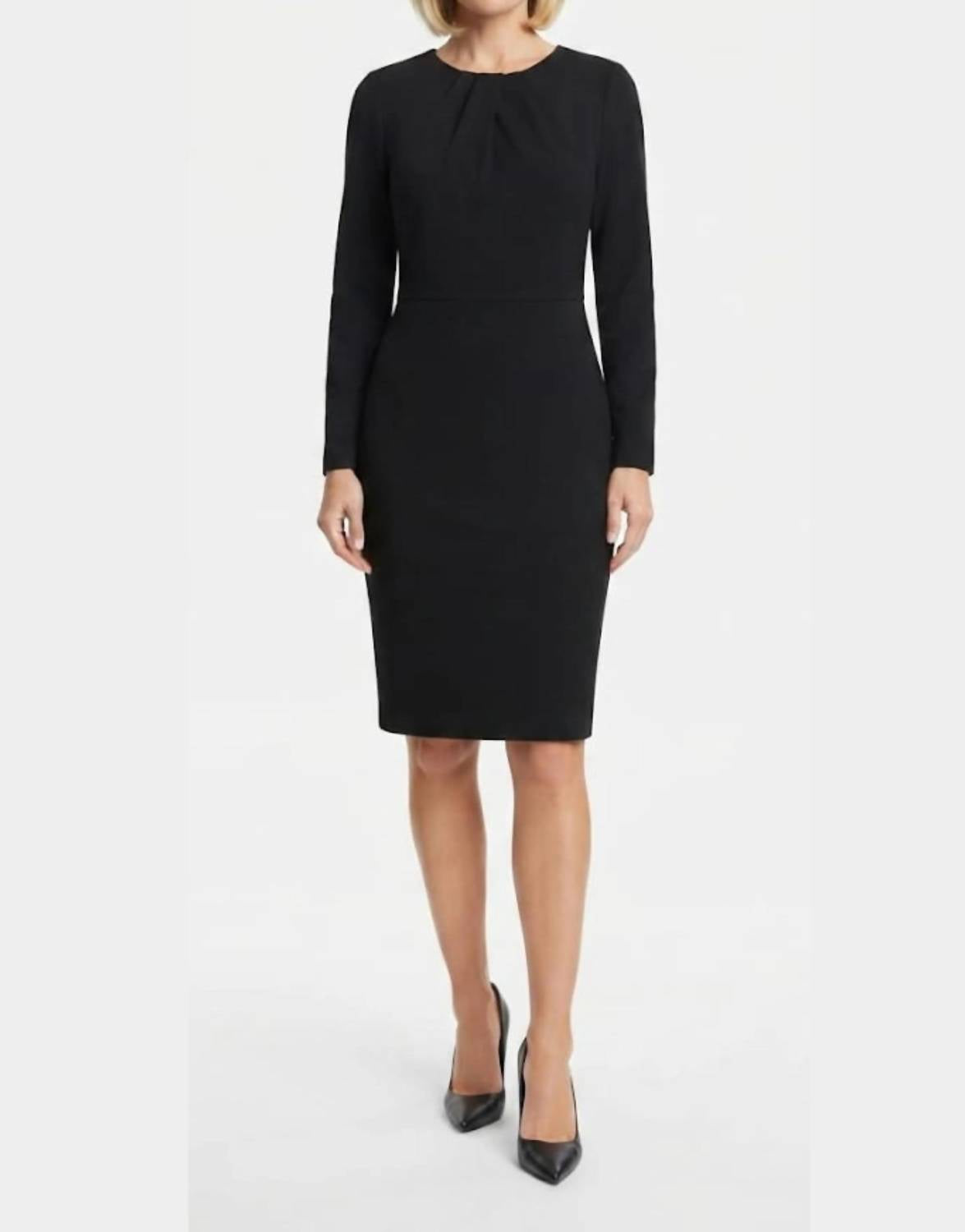 Maggy London - Long Sleeve Pleated Neck Sheath Dress