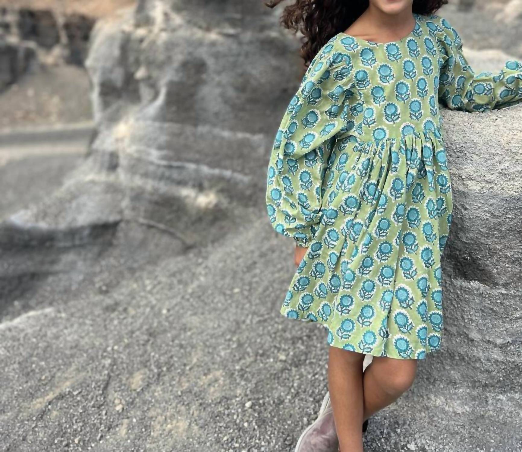 POPPET & FOX Prairie Dress in green floral - kids' dress - detail view