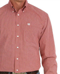 CINCH Long Sleeve Print Button Up Top in red - men's long sleeve top - detail view