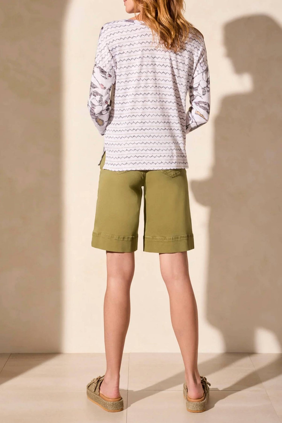 Tribal - Combo Print 3/4 Sleeve V Neck-Crew Neck Top