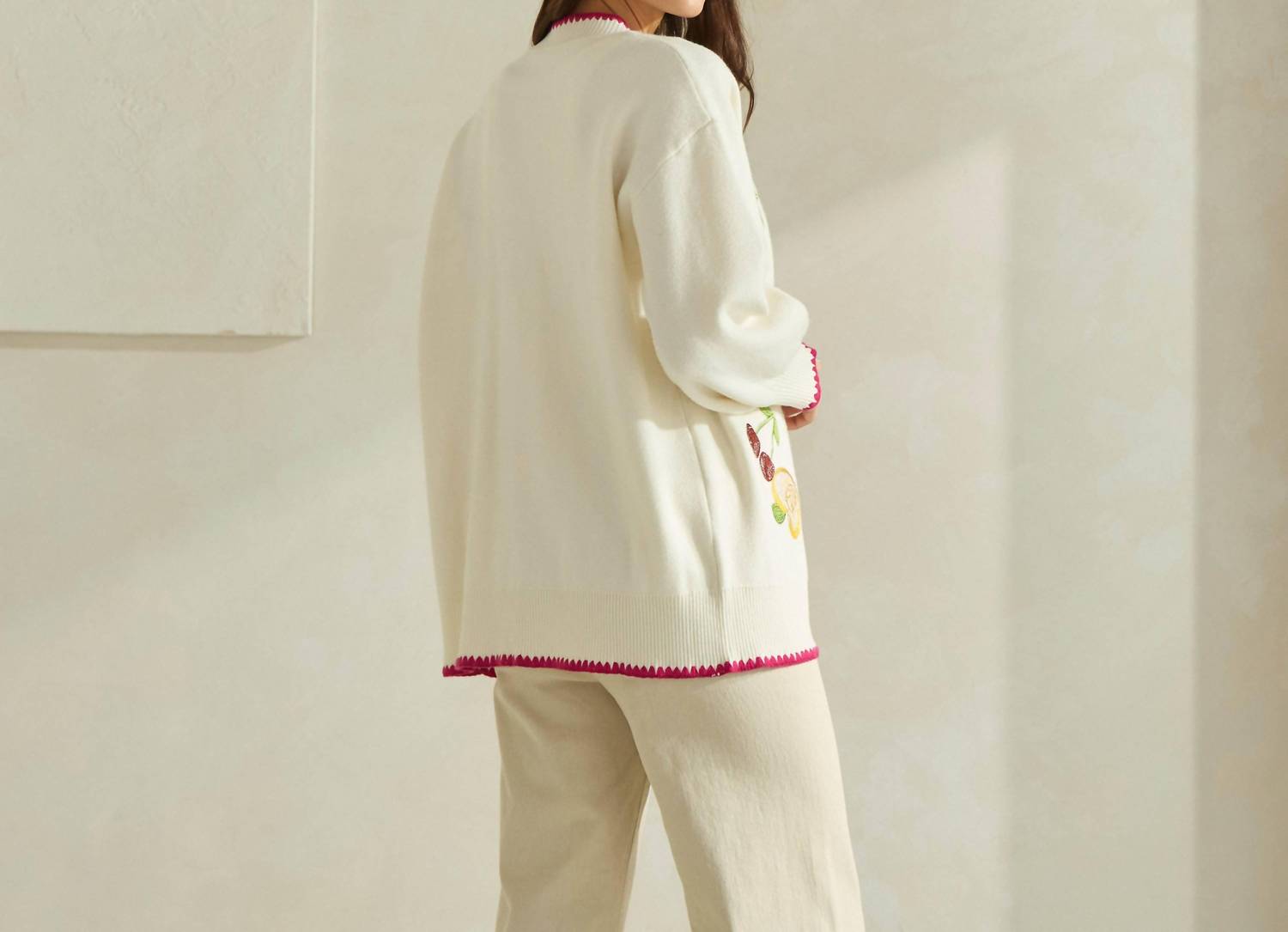 ABLE Embroidered V-neck Cardigan in cream red - women's cardigan - detail view
