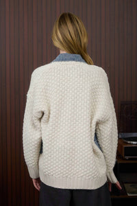 Blu Pepper Cable Knit With Denim Detail Sweater Jacket in cream - women's jacket - detail view