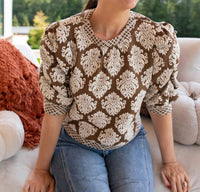 voy Printed to Perfection Knit Top in brown and cream print - women's blouse