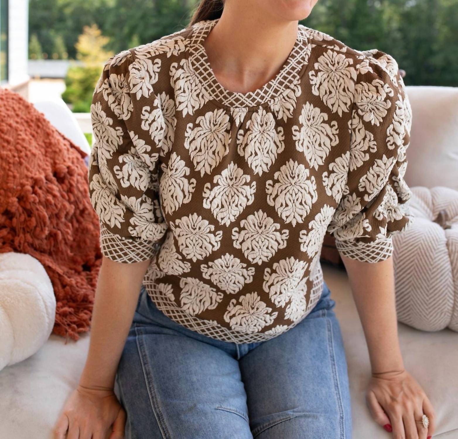 voy Printed to Perfection Knit Top in brown and cream print - women's blouse