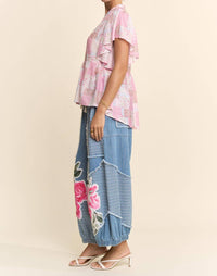 Davi & Dani - Denim Flower Patchwork Pants