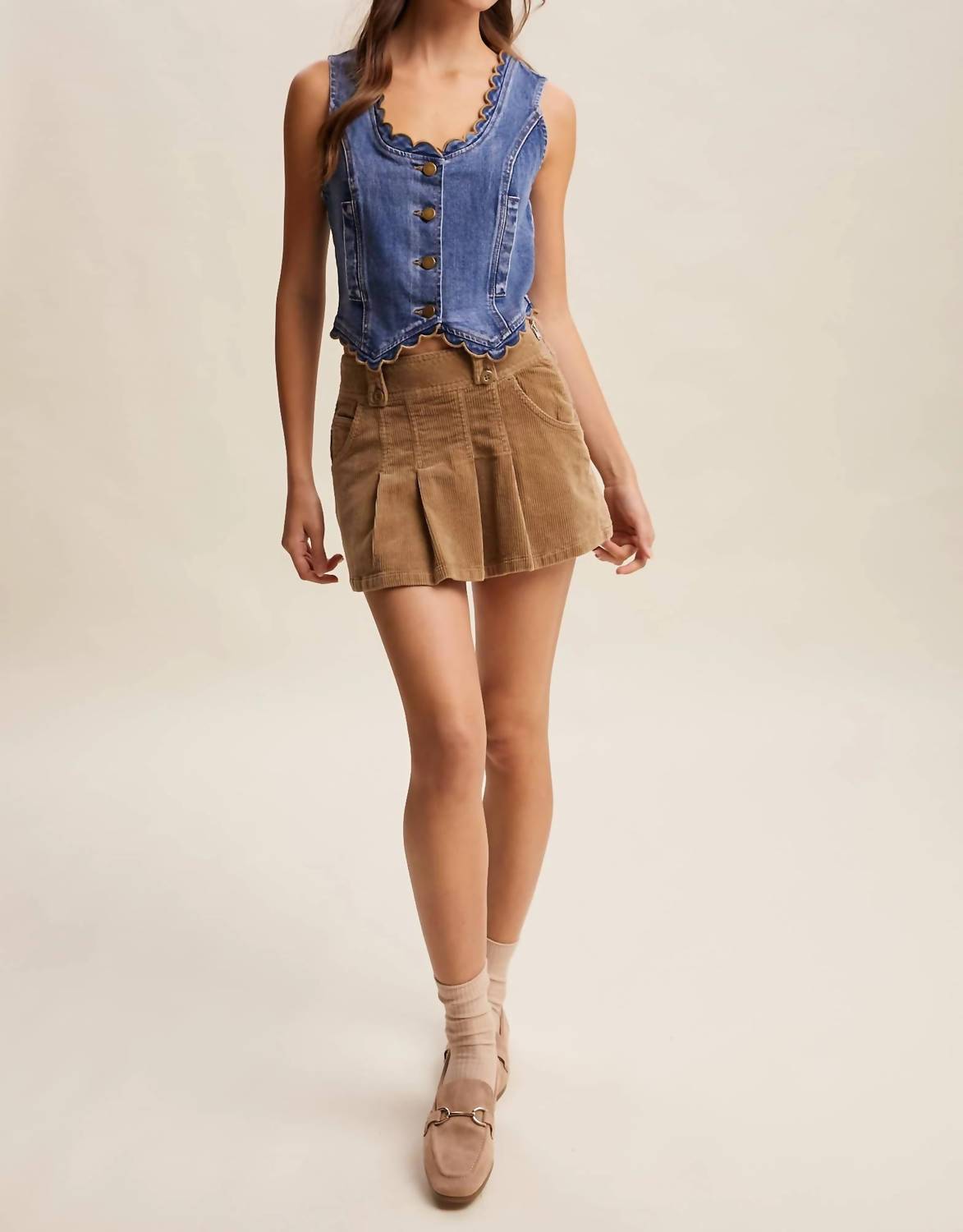 Listicle - Scallop Trim Stretch Denim Vest