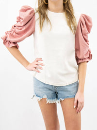 voy Color Block Puff Sleeve Top in pink and white - women's blouse