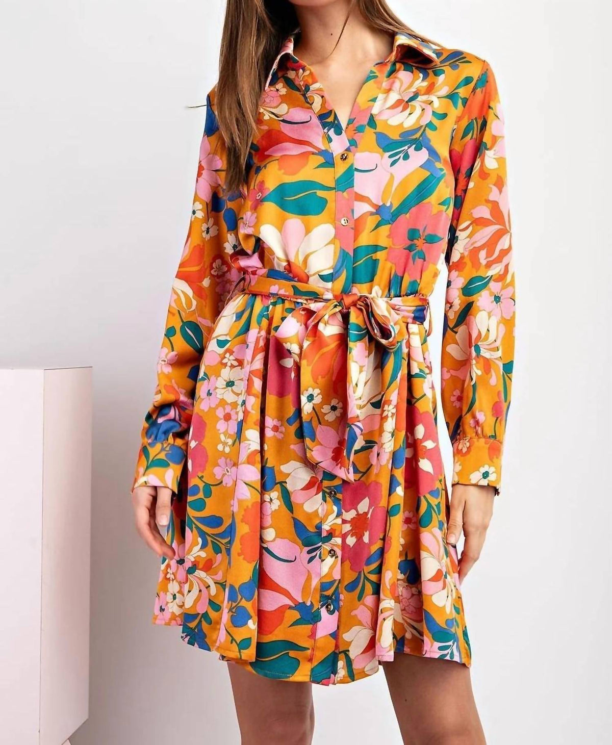 Kori - Silky Floral Print Belted Mini Dress