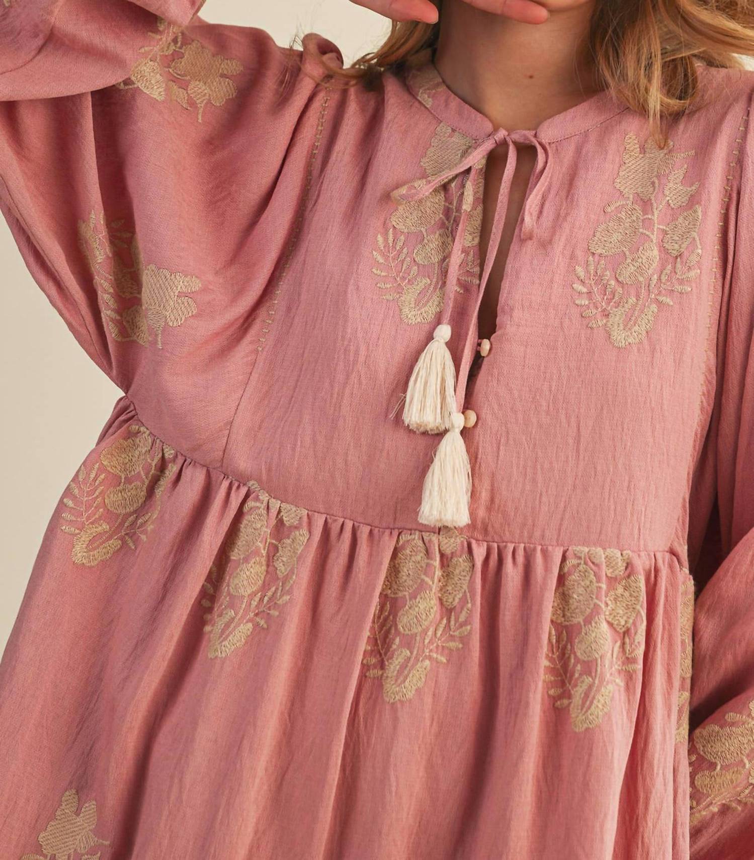 &Merci - Embroidered Long Puff Sleeve Mini Dress