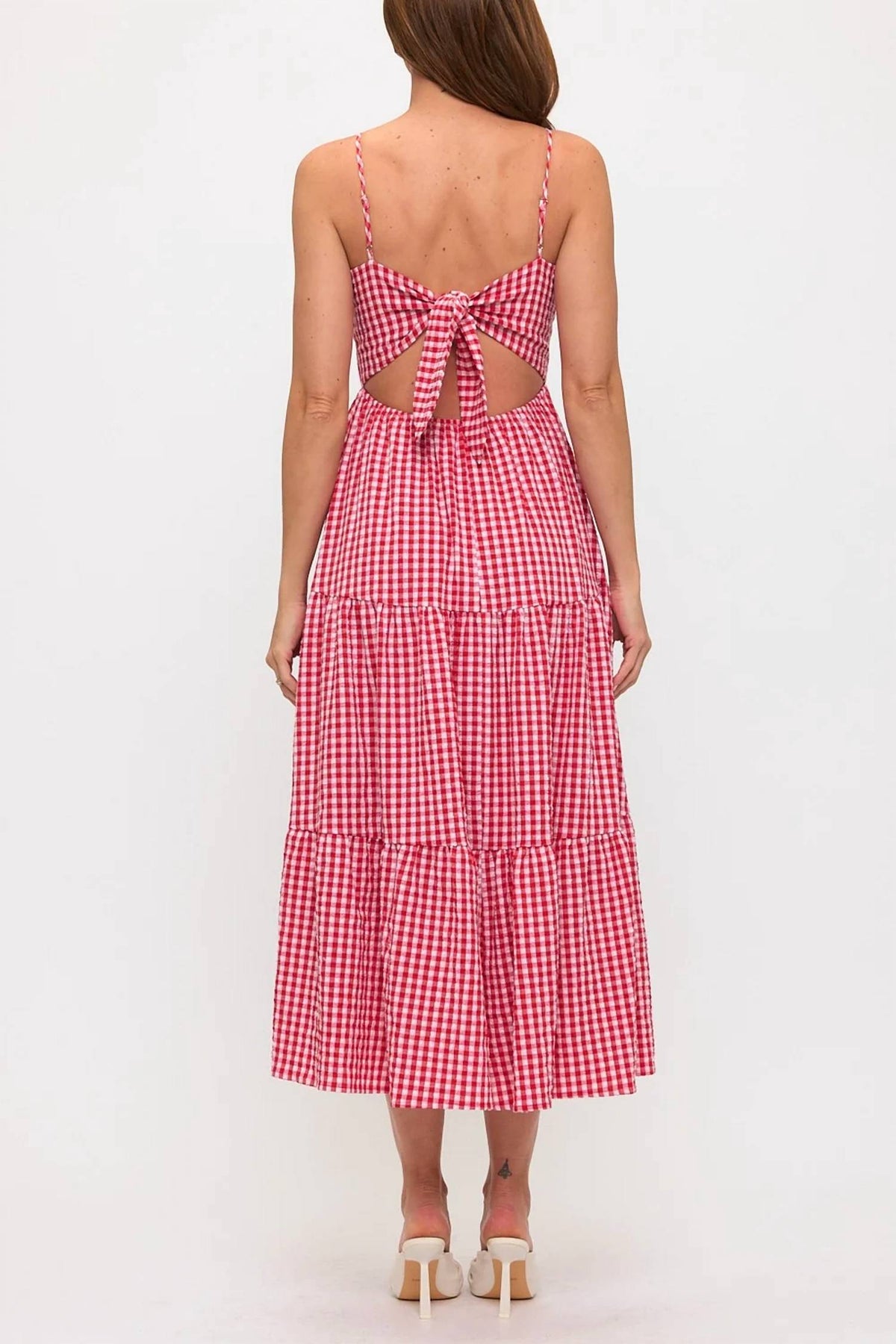Lovely Day - Gingham Bow Bust Tie Back Tiered Maxi Dress