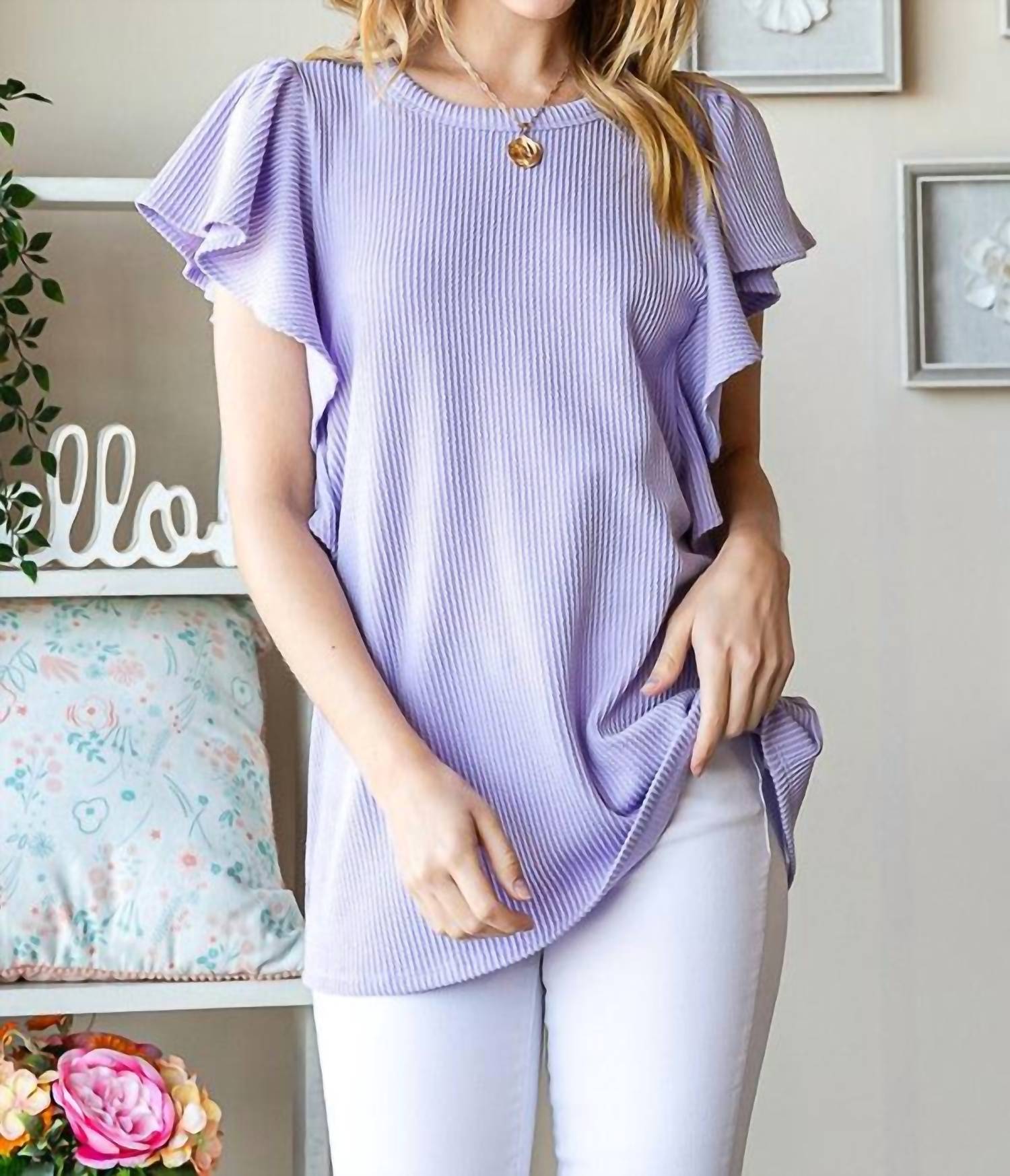 Heimish Usa - Ruffled Sleeve Solid Ribbed Top