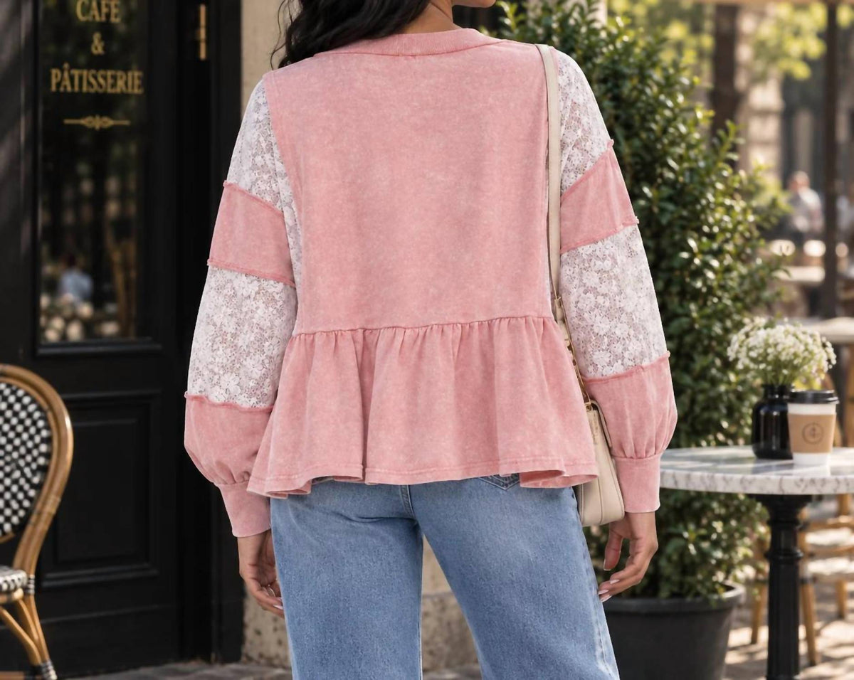 Surelymine - Mineral Wash V-neck Peplum With Sheer Lace Sleeves Top