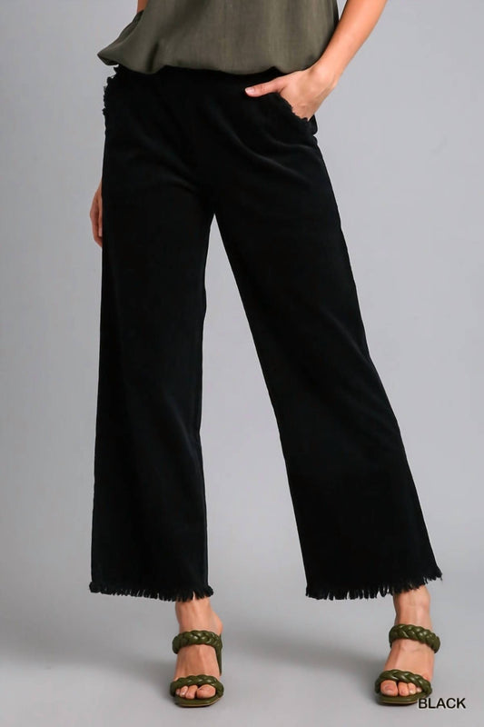 Umgee - Wide Leg Pant with Elastic Waist, Pockets, and Frayed Hem