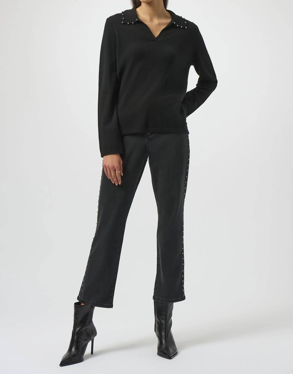 Joseph Ribkoff Pearl Collar Cashmere Sweater Top in black - women's sweater